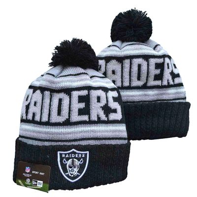 Las Vegas Raiders New Era NFL 2024 Sport Official Pom Cuffed Knit Beanie Black/White/Grey Team Color