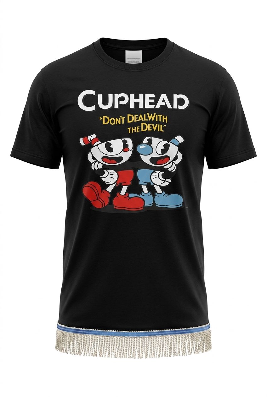 Cuphead Don't Deal with The Devil Black Black Tee White Fringes