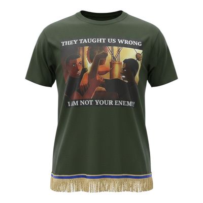 They Taught Us Wrong I Am Not Your Enemy Forest Green Tee Gold Fringes