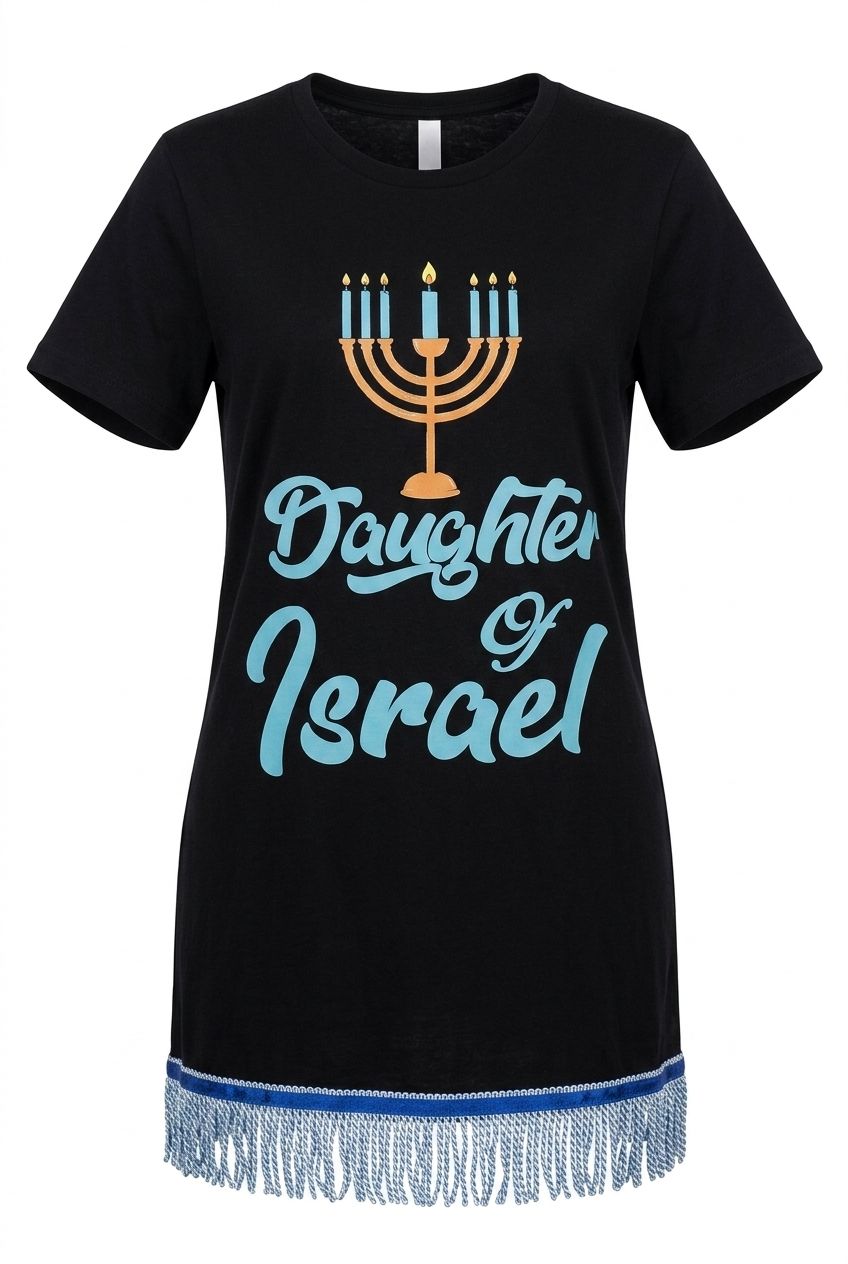 Daughter of Israel Black Tee w/Sky Blue Fringes
