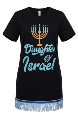 Daughter of Israel Black Tee w/Sky Blue Fringes