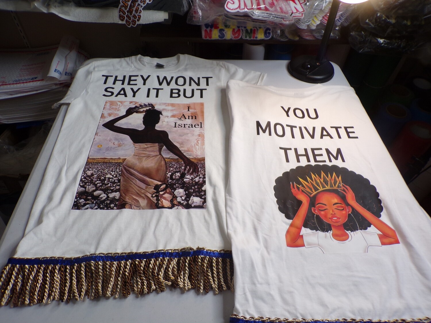They Won't Say It I Am Israel but You Motivate Them White Tee Brown/Gold Fringes