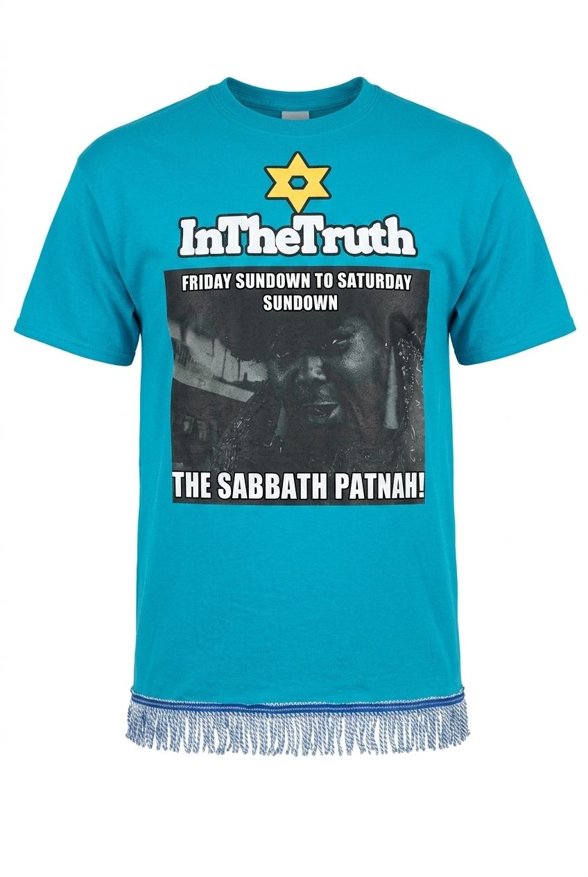 Inthetruth Friday Sundown to Saturday Sundown Is the Sabbath Patnah Tropical Blue Shirt/ Lavender Fringes