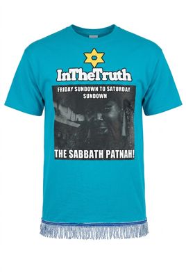 Inthetruth Friday Sundown to Saturday Sundown Is the Sabbath Patnah Tropical Blue Shirt/ Lavender Fringes