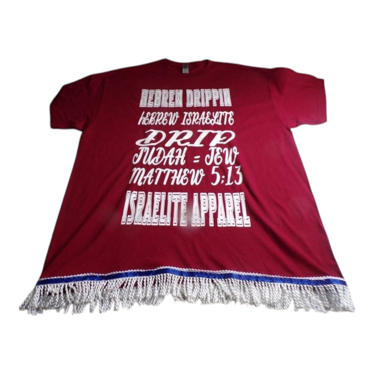 Hebrew Drip Maroon Tee White Fringes