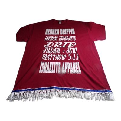 Hebrew Drip Maroon Tee White Fringes