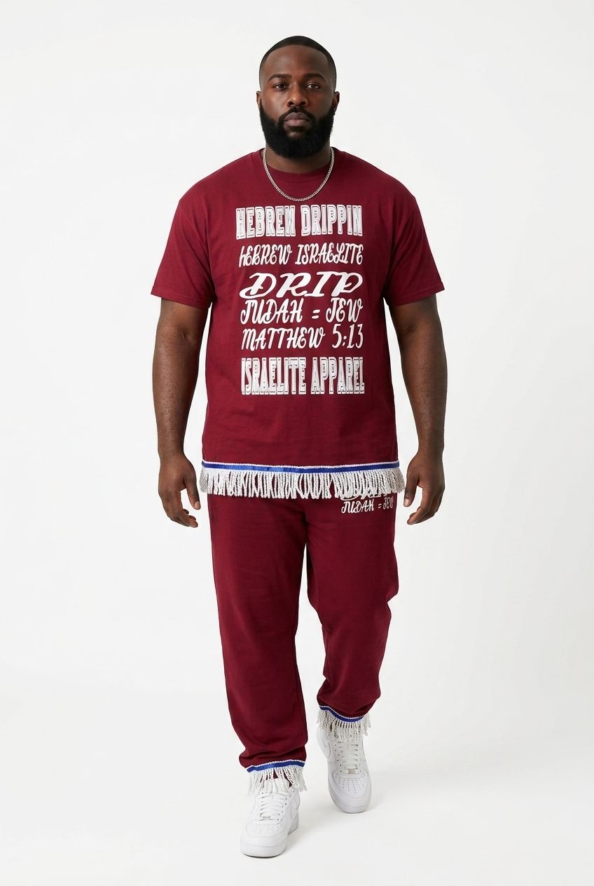 Hebrew Drip Maroon Tee White Fringes