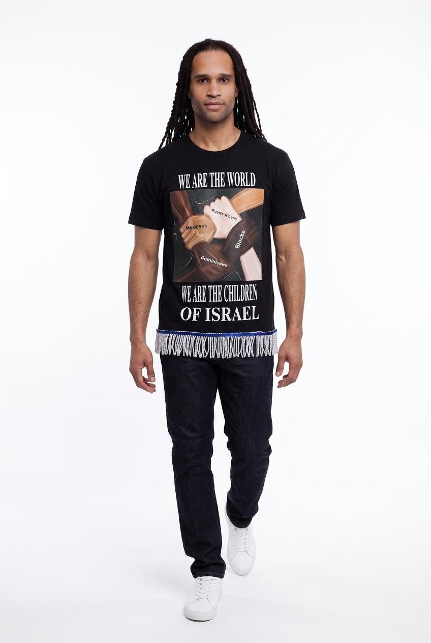 We Are the World We Are the Children of Israel Black Tee White Fringes