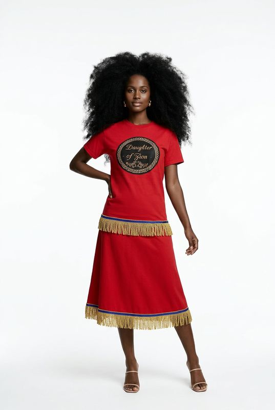 Daughter Of Zion Red Shirt Gold Fringes No Background