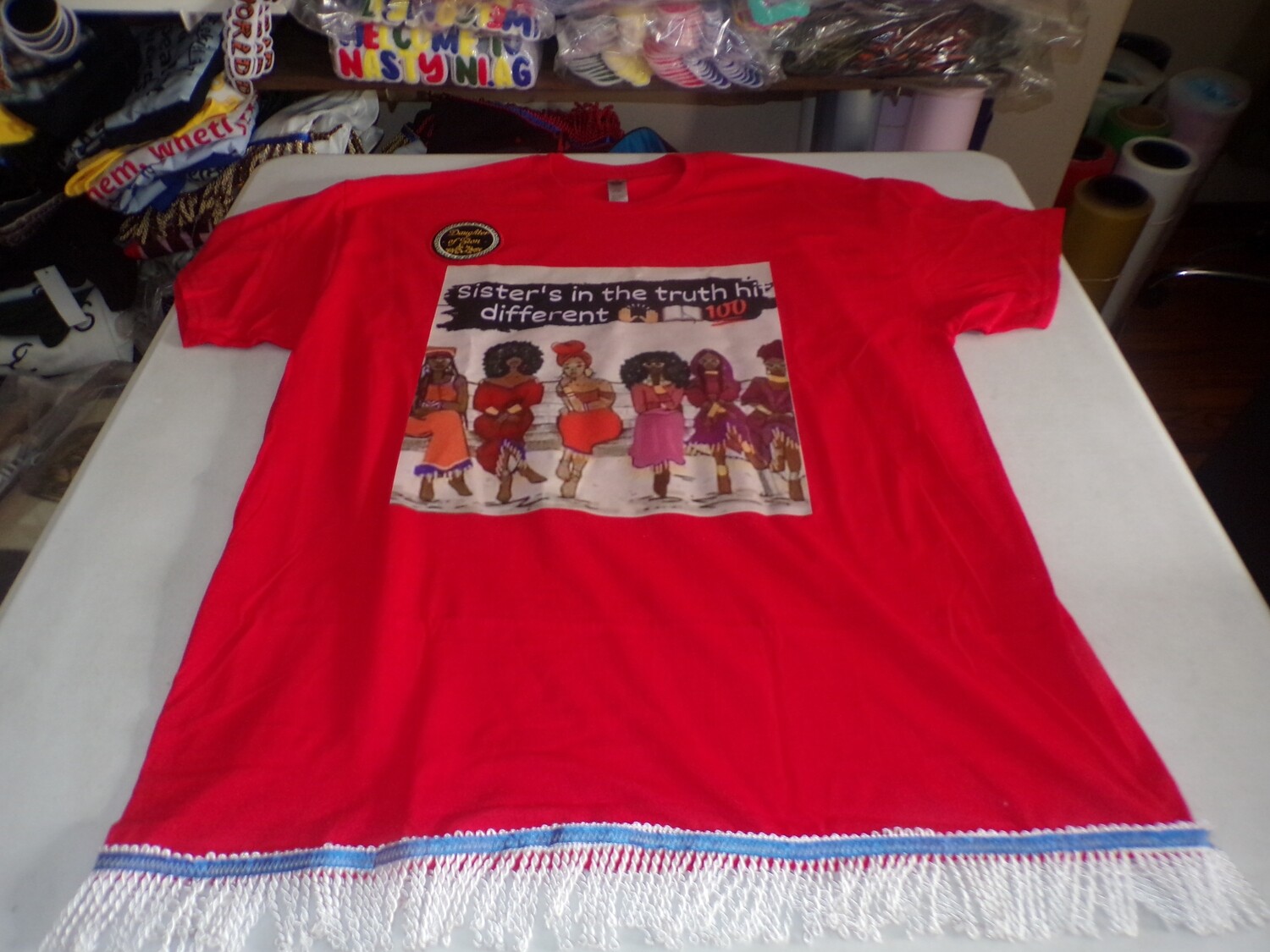 Sisters In The Truth Hit Different !00% Red Tee Womens Shirt White Fringes Men Sizes