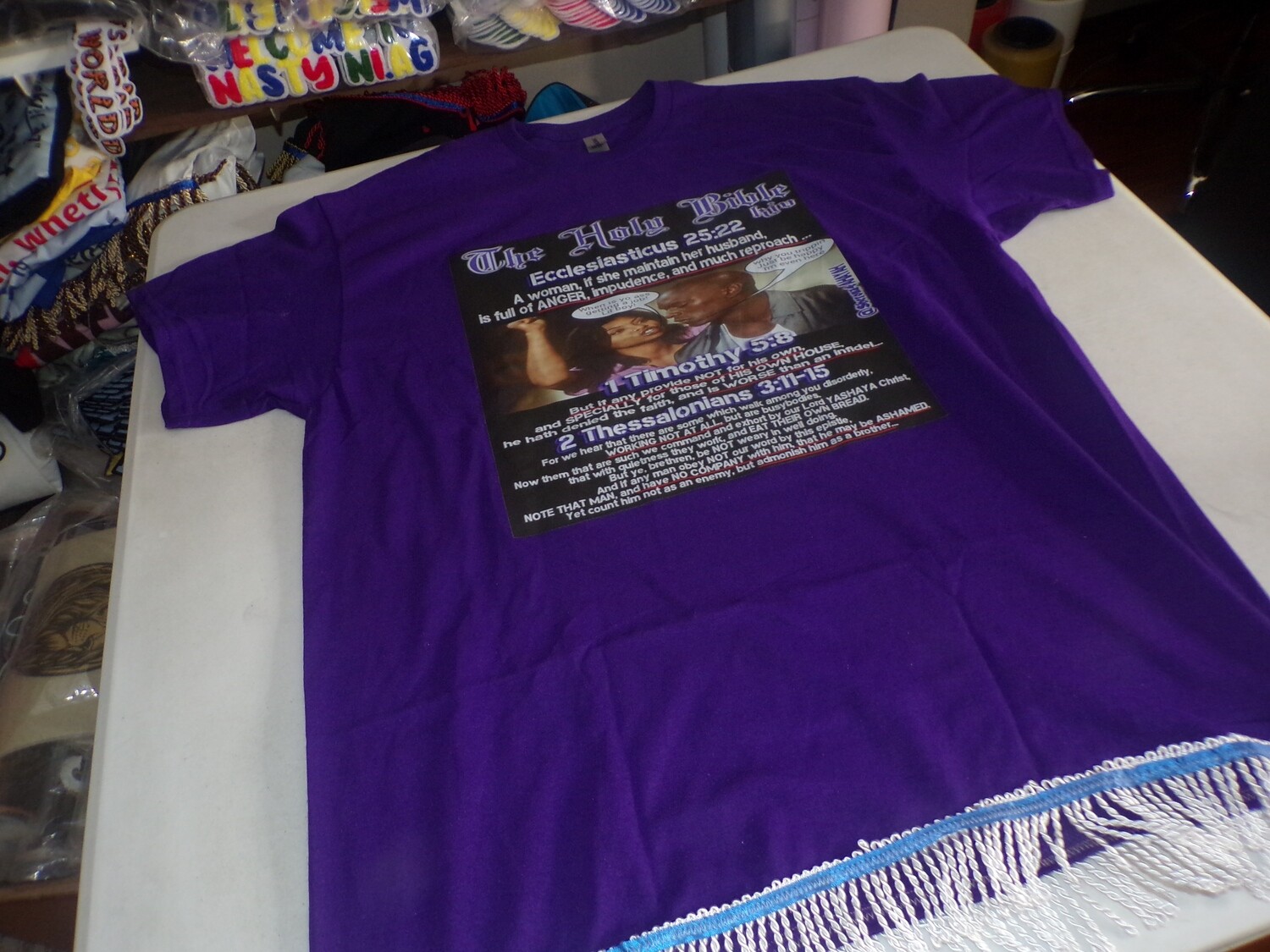The Holy Bible Eccliasticus 25:22 Purple Tee White Fringes