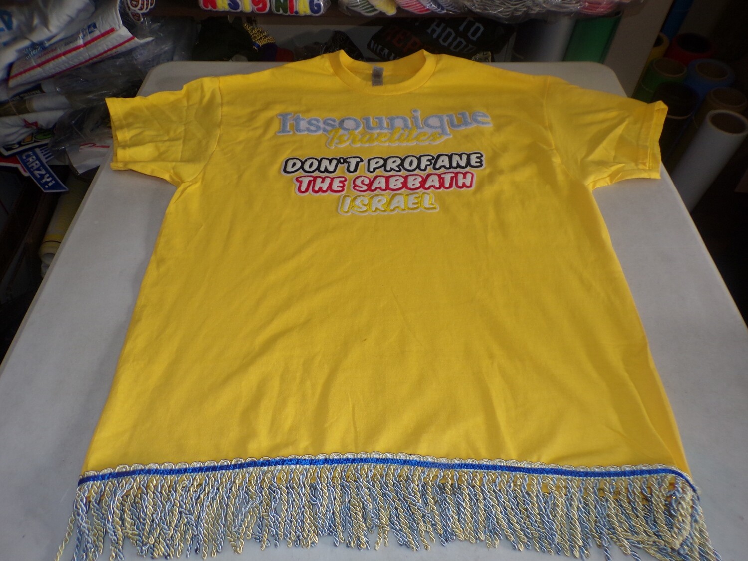 Itssounique Israelites Don't Profane The Sabbath Yellow Shirt w/Sky Blue Gold Fringes