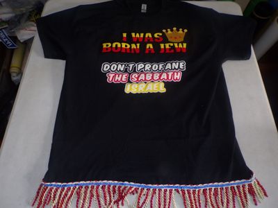 I Was Born A Jew Don't Profane The Sabbath Black Tee Red Gold fringes