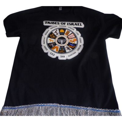 12 Tribes of Israel Exclusive Stitch Work Patch 12.5 inches Black Tee Gray Fringes