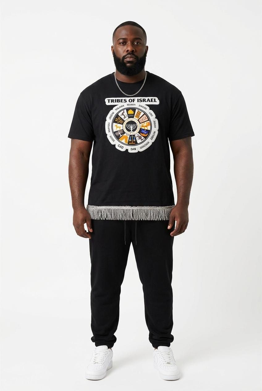 12 Tribes of Israel Exclusive Stitch Work Patch 12.5 inches Black Tee Gray Fringes