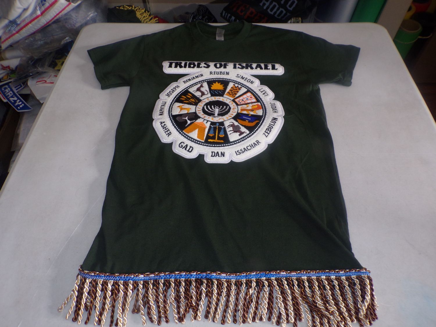 Tribes of Israel Exclusive Stitch Work Patch 12.5 inches Forest Green Tee Brown/Gold Fringes