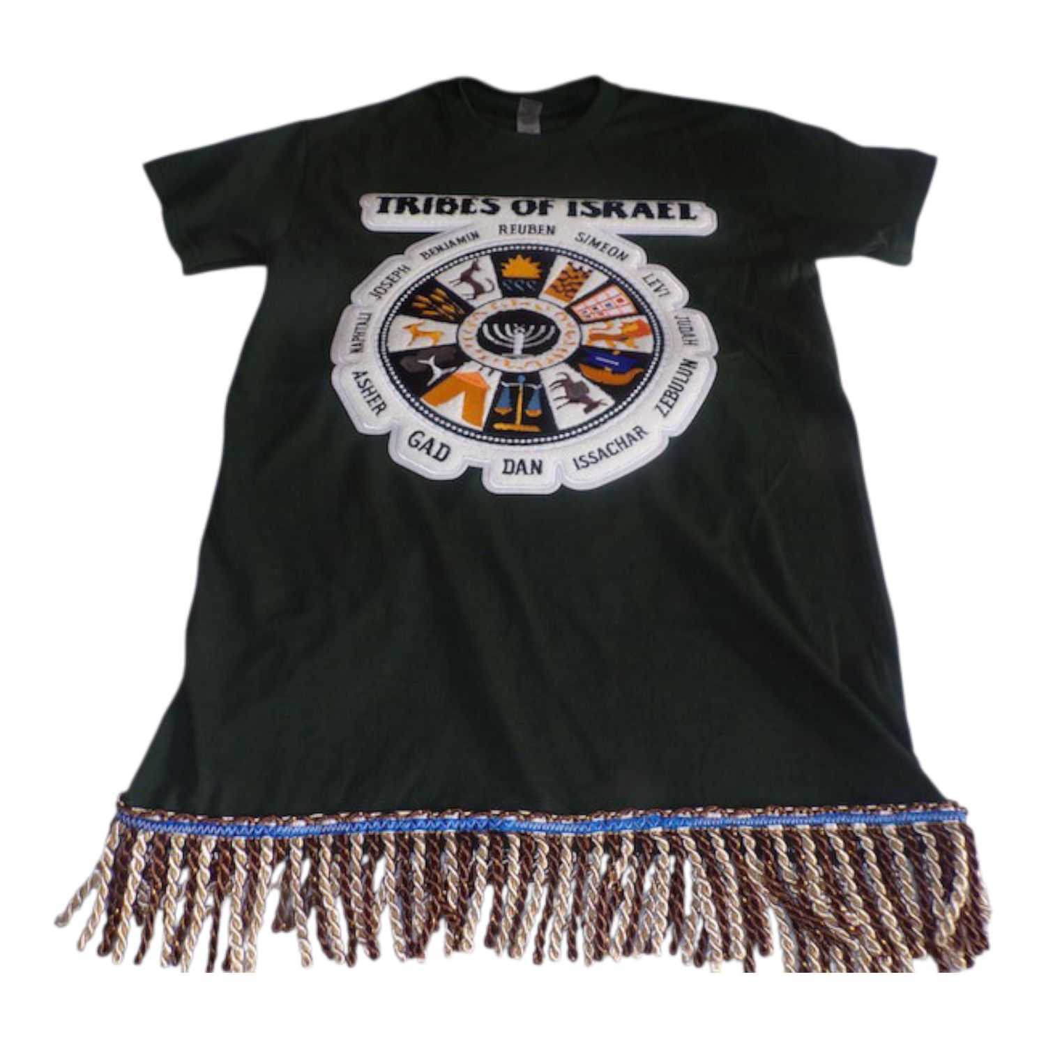 12 Tribes of Israel Exclusive Stitch Work Patch 12.5 inches Forest Green Tee Brown/Gold Fringes