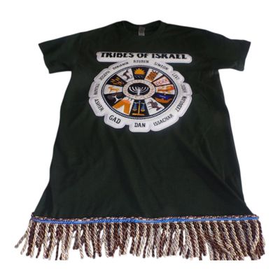 12 Tribes of Israel Exclusive Stitch Work Patch 12.5 inches Forest Green Tee Brown/Gold Fringes