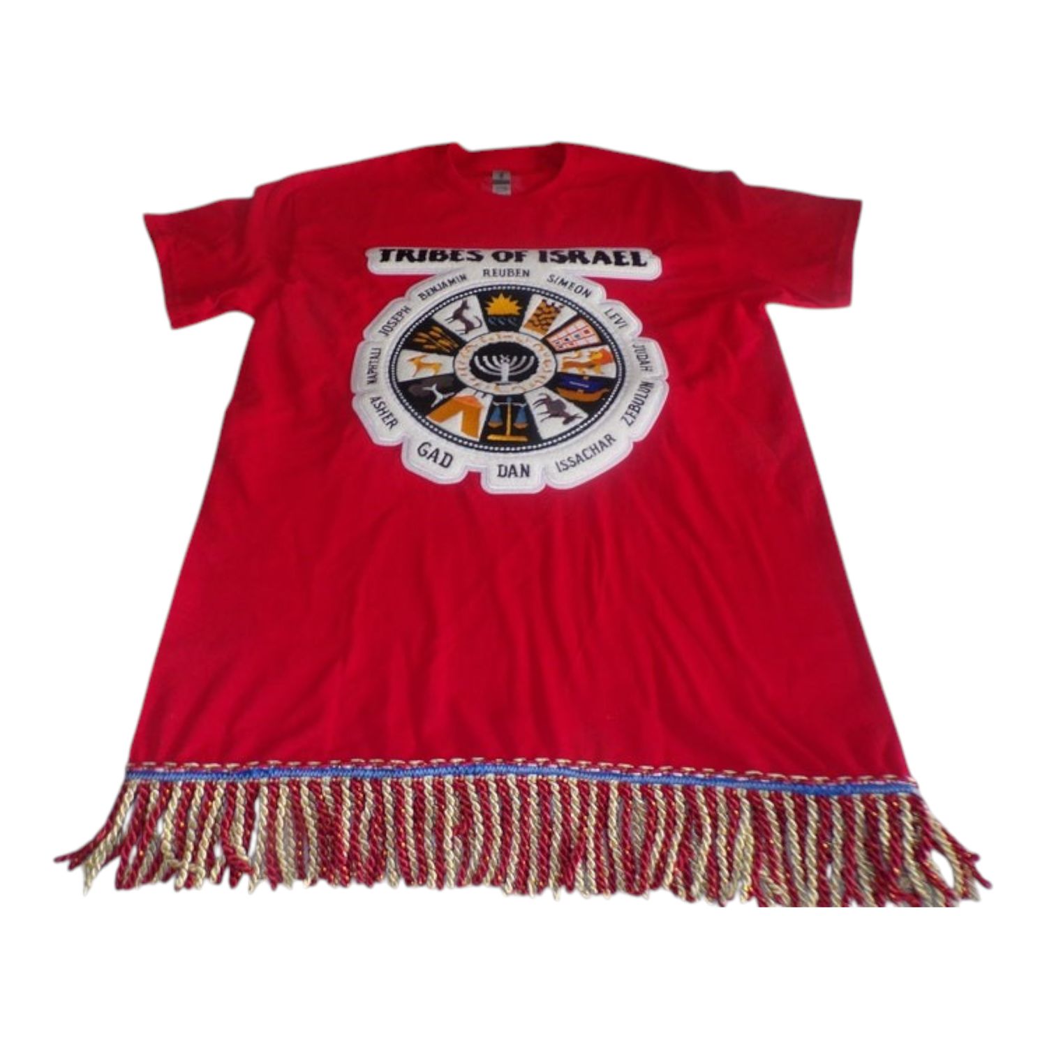 12 Tribes of Israel Exclusive Stitch Work Patch 12.5 inches Red Tee Red/Gold Fringes