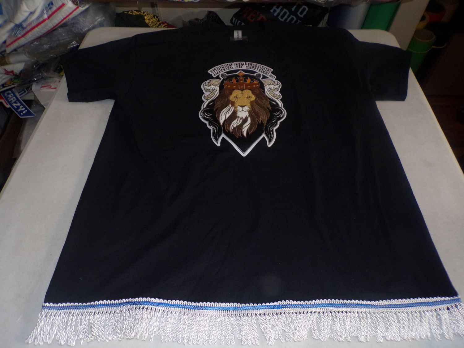 Tribes of Judah Exclusive Stitch Work Patch 12.5 inches Black Tee White Fringes​.