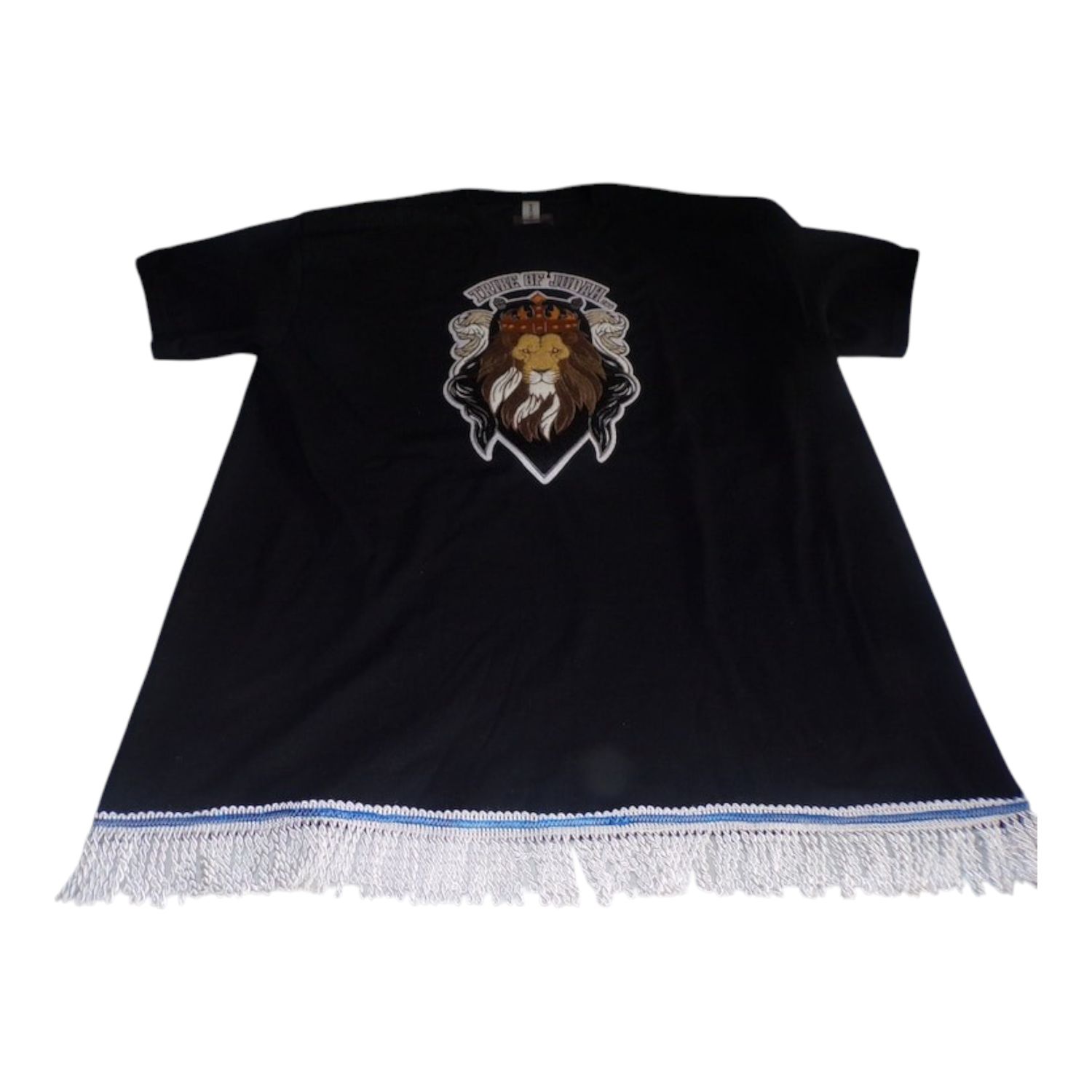 Tribe of Judah Exclusive Stitch Work Patch 12.5 inches Black Tee White Fringes​.