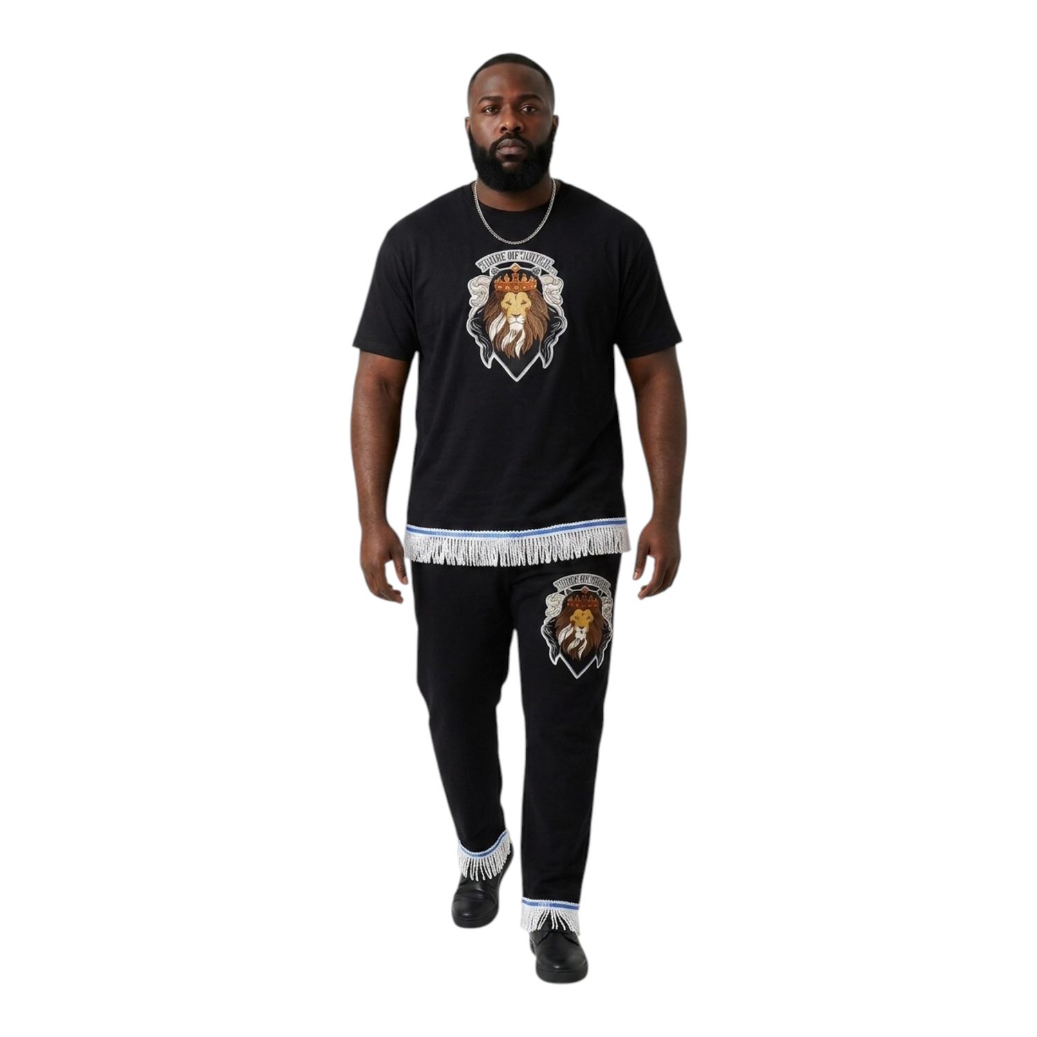 Tribe of Judah Exclusive Stitch Work Patch 12.5 inches Black Tee White Fringes​.