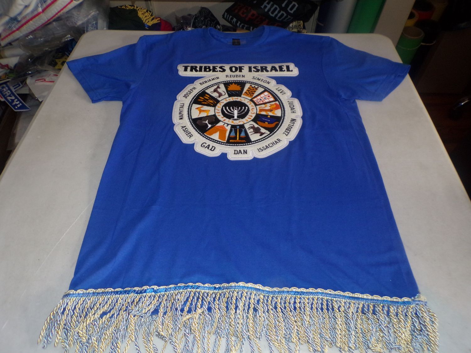 Tribes of Israel Exclusive Stitch Work Patch 12.5 inches Blue Tee White Fringes