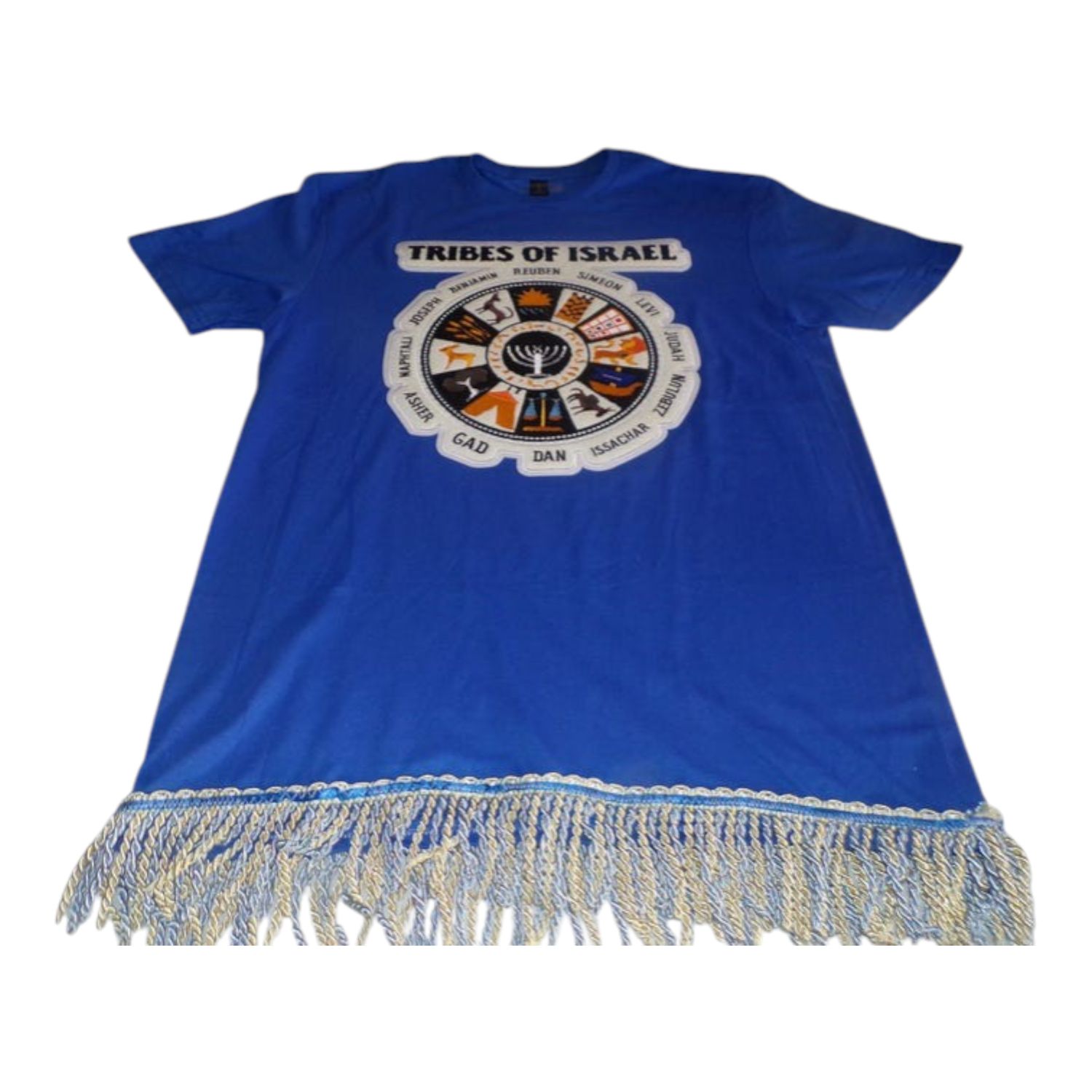 12 Tribes of Israel Exclusive Stitch Work Patch 12.5 inches Blue Tee White Fringes