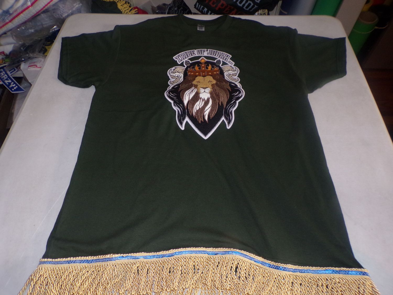 Tribes of Judah Exclusive Stitch Work Patch 12.5 inches Forest Green Tee Gold Fringes
