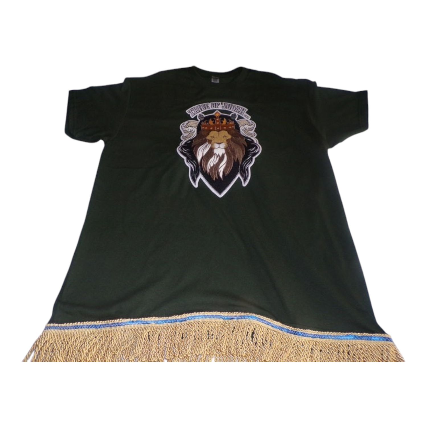 Tribe of Judah Exclusive Stitch Work Patch 12.5 inches Forest Green Tee Gold Fringes