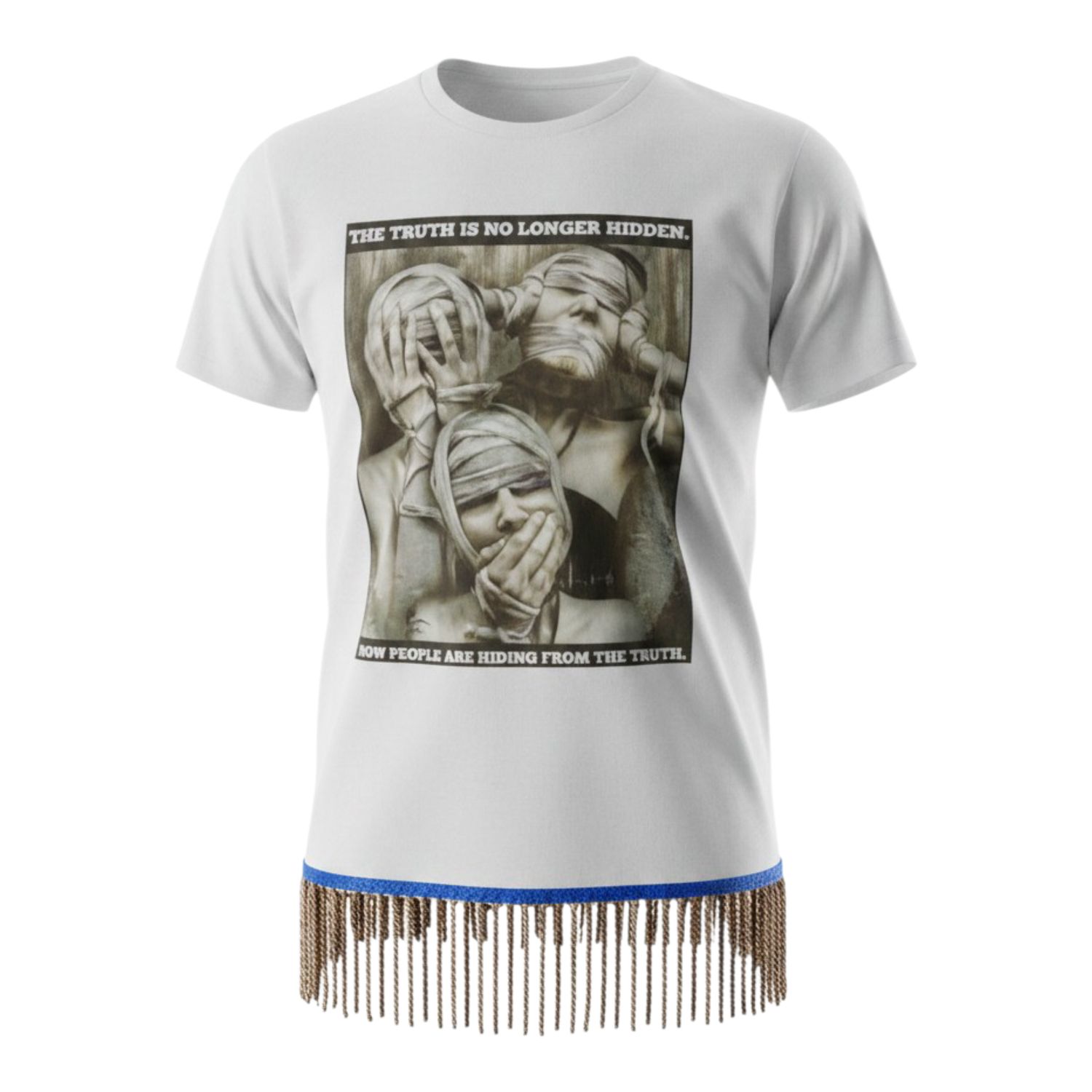 The Truth Is No Longer Hidden Now People Are Hiding from The Truth White Tee Brown/Gold Fringes