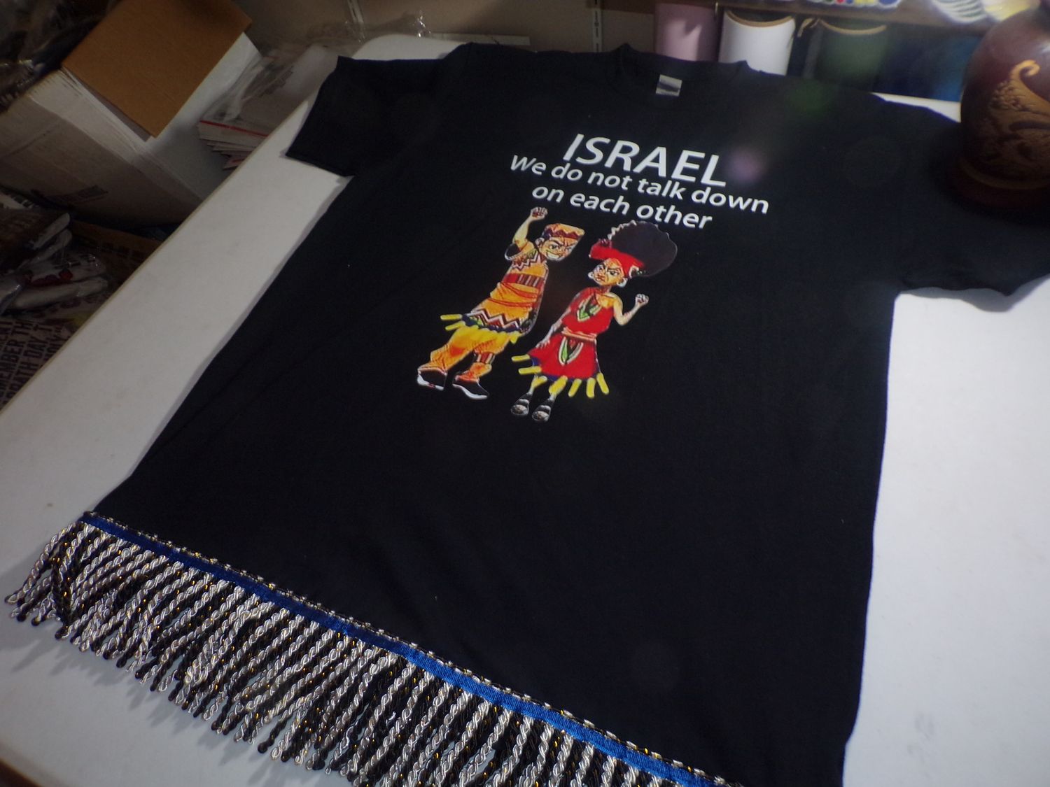 Israel We Don't Talk Down On Each Other White Shirt/w Black Tee Black Fringes