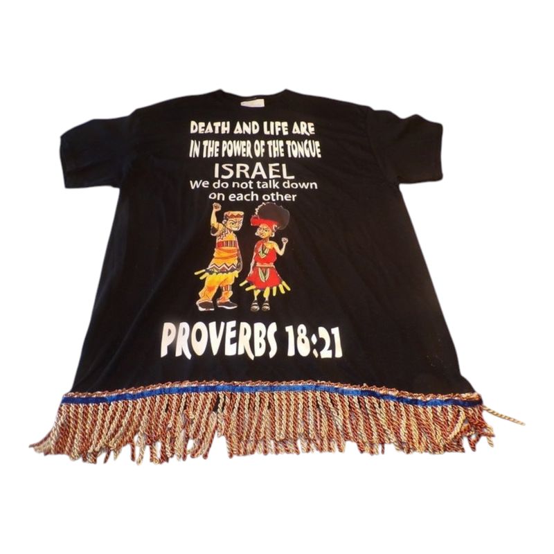 Israel, We Don't Talk Down On Each Other Black Tee Red/Gold Fringes