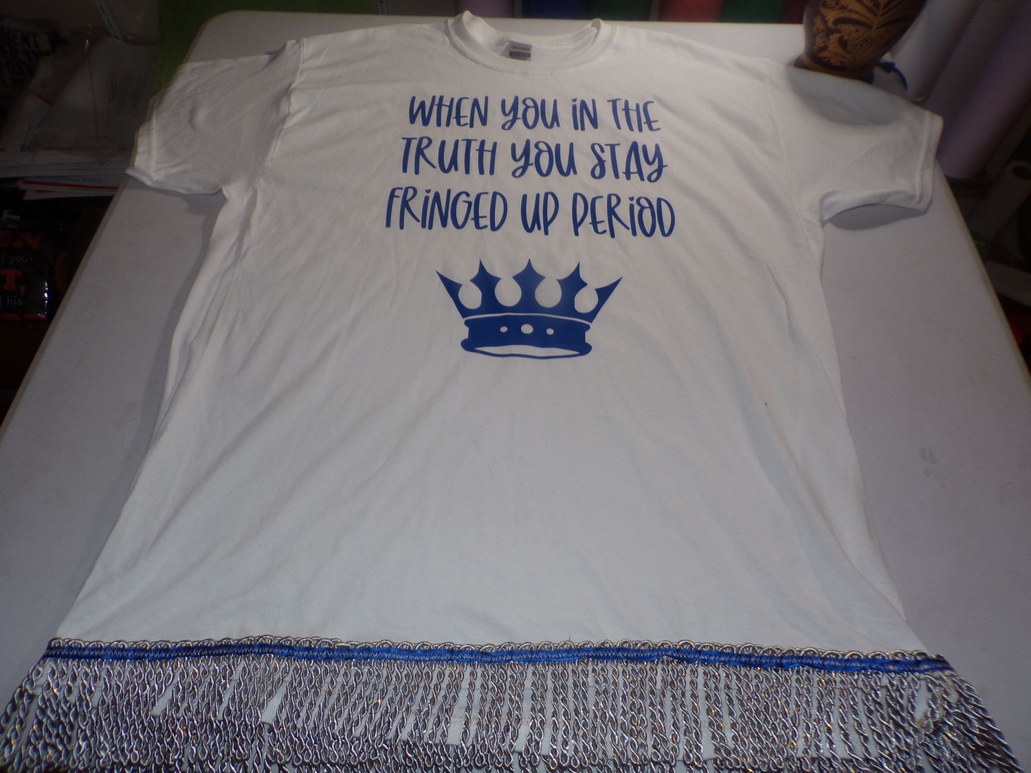 When You In The Truth You Stay Fringed Up White Tee Sky Blue Fringes