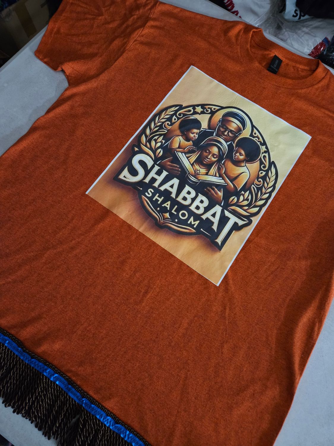 Sabbath Shalom Antique Orange Tee Brown Fringes