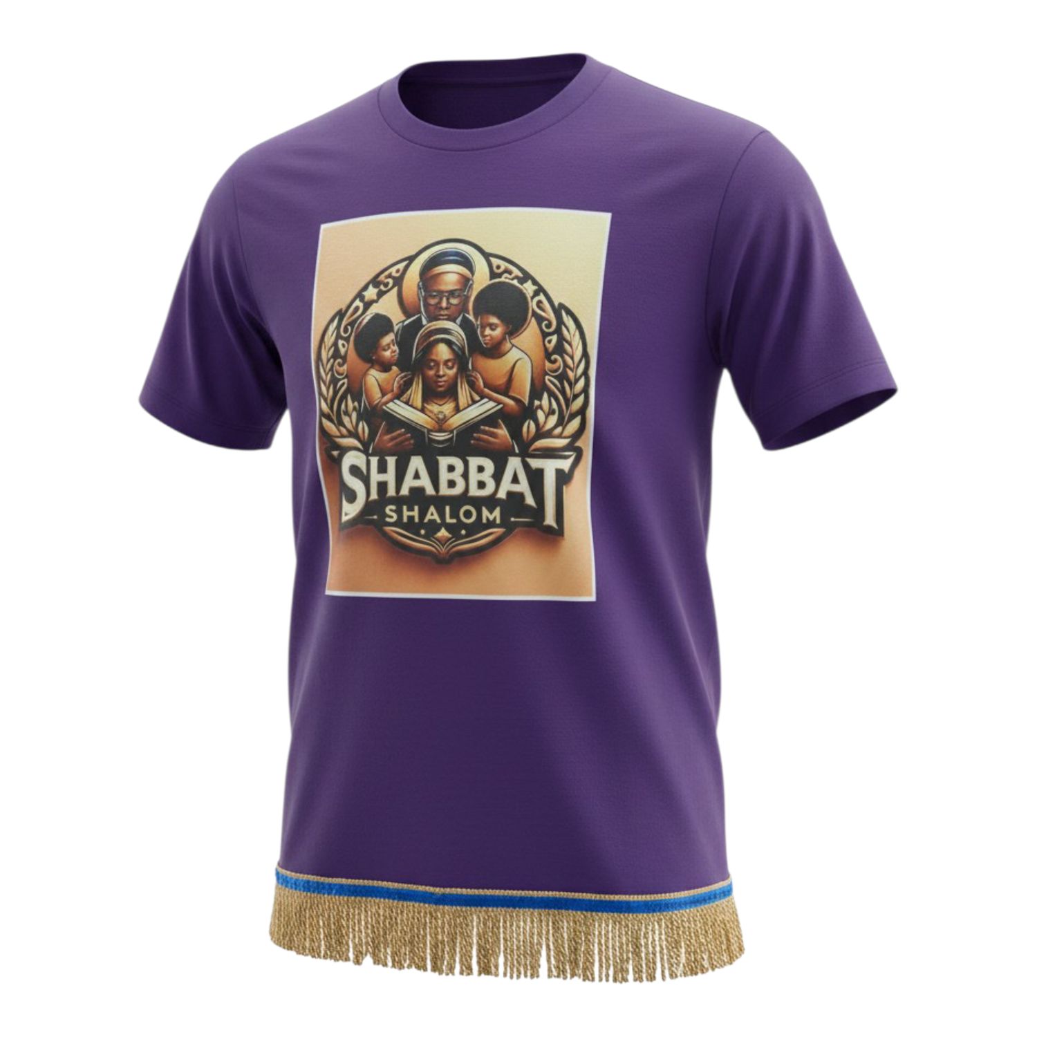 Shabbat Shalom Purple Tee Gold Fringes