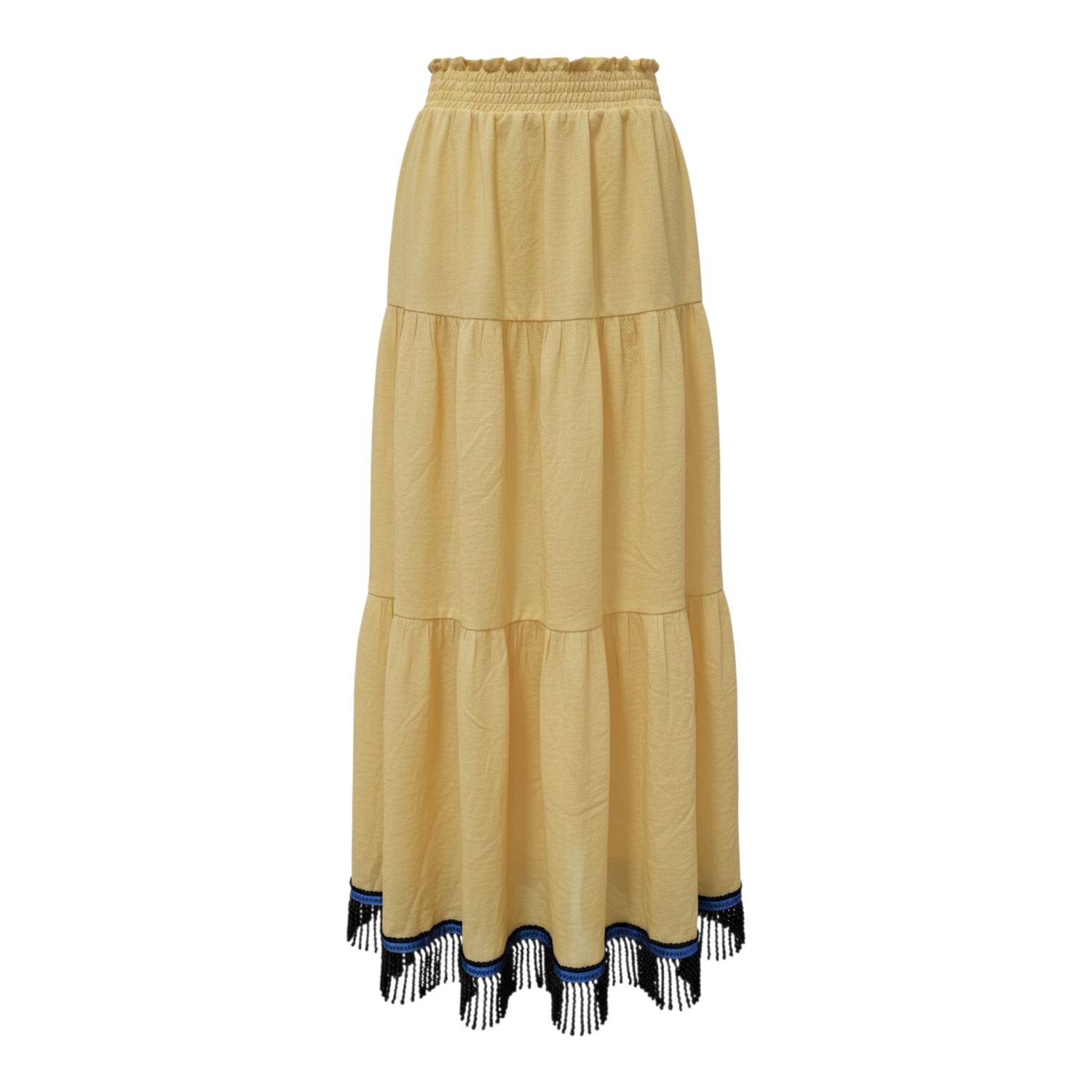 Papaya Breeze Tiered Maxi Skirt  (YELLOW) Black Fringes