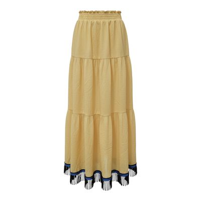 Papaya Breeze Tiered Maxi Skirt  (YELLOW) Black Fringes
