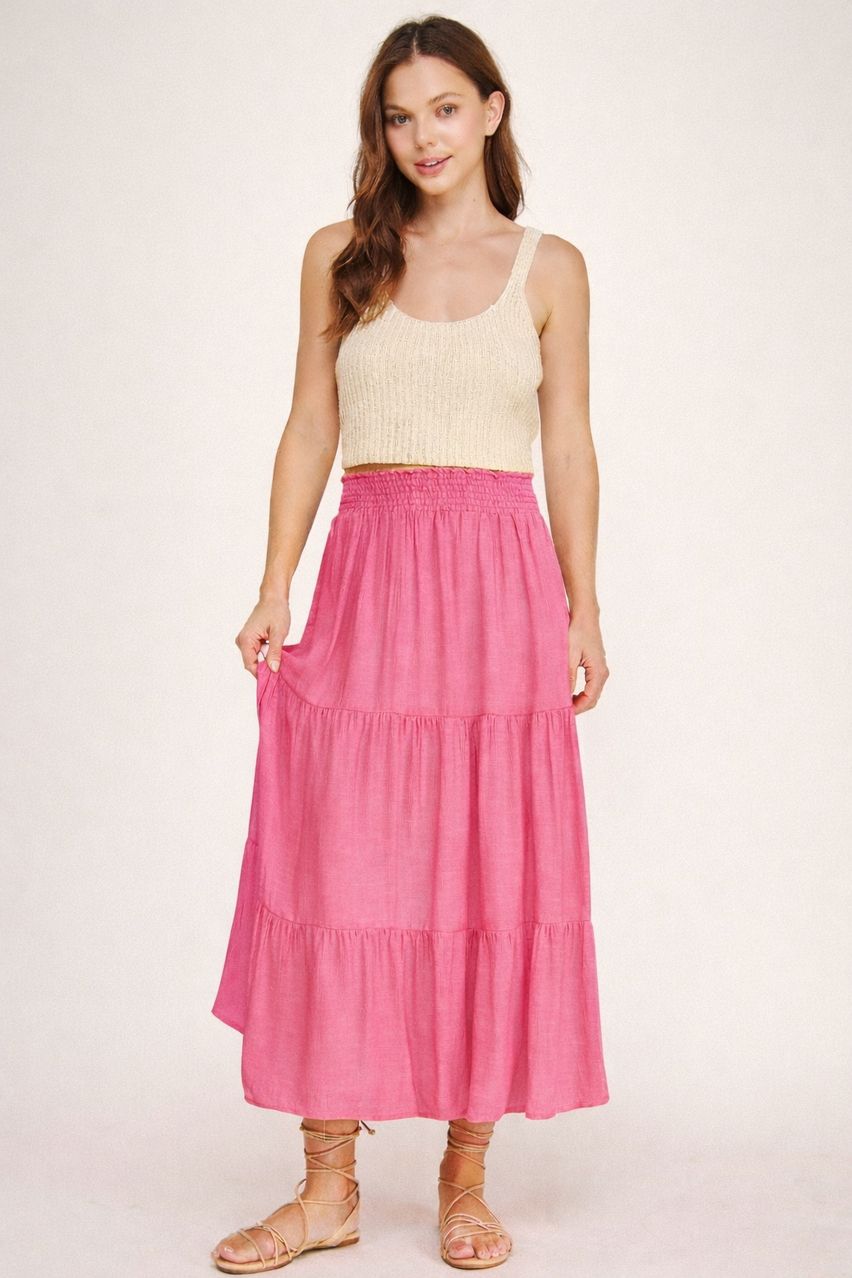 Papaya Breeze Tiered Maxi Skirt  (PINK)