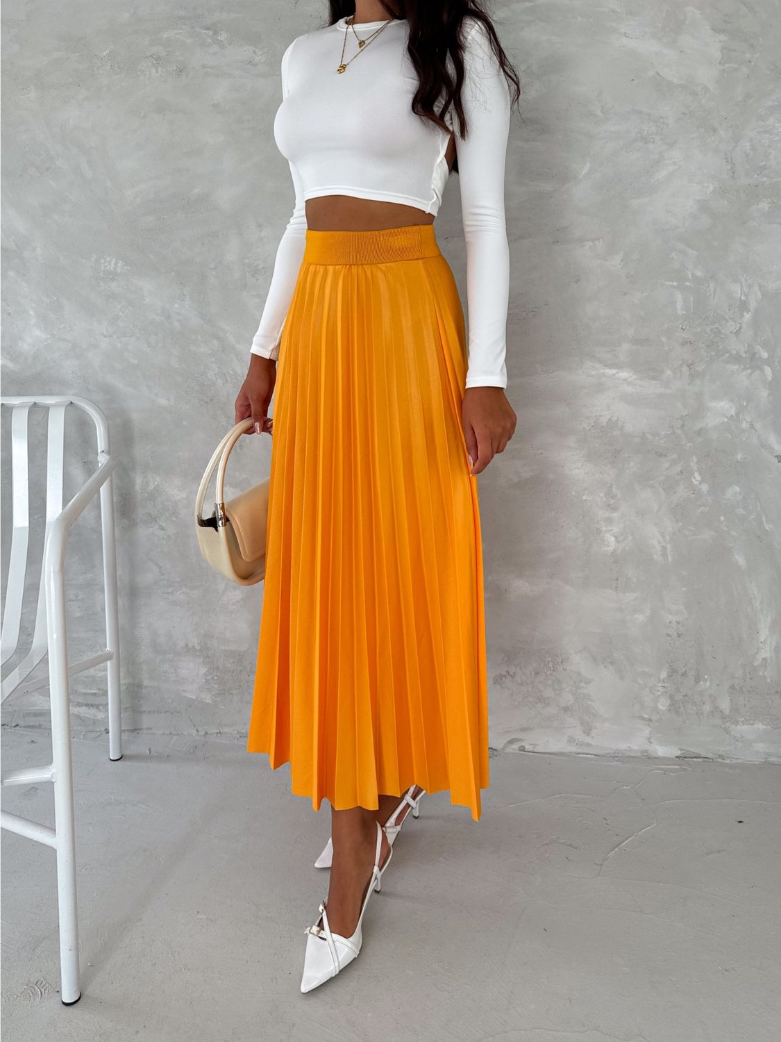 Women's Pleated Skirt Long Solid Color Skirt Modest Skirt  (ORANGE)