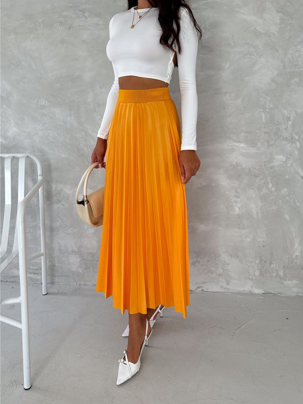 Women's Pleated Skirt Long Solid Color Skirt Modest Skirt  (ORANGE)