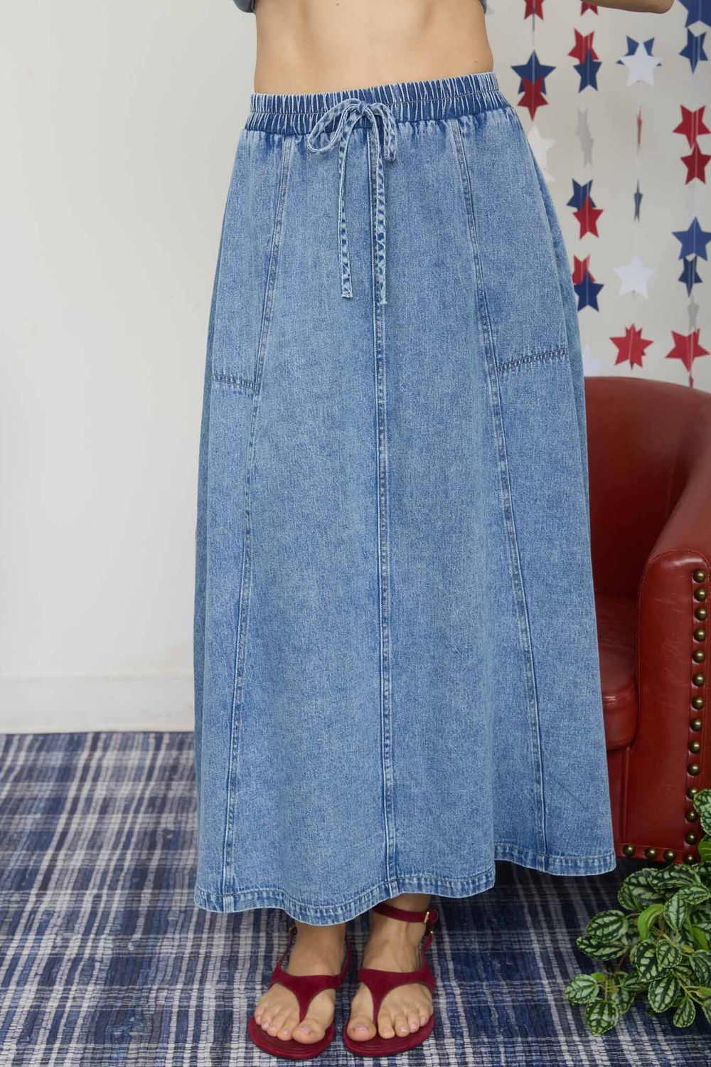 Washed Denim Elastic Waist Maxi Skirt
