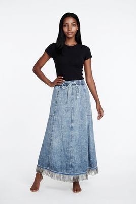 Washed Denim Elastic Waist Maxi Skirt