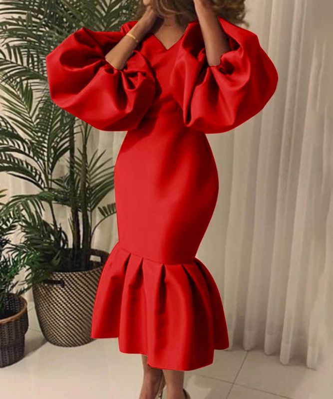 V-Neck Bubble Sleeve Fishtail Gown