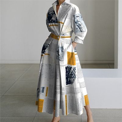 Long Sleeves Loose Newspaper Print Pleated Tied Waist Lapel Midi Dresses Shirt Dress