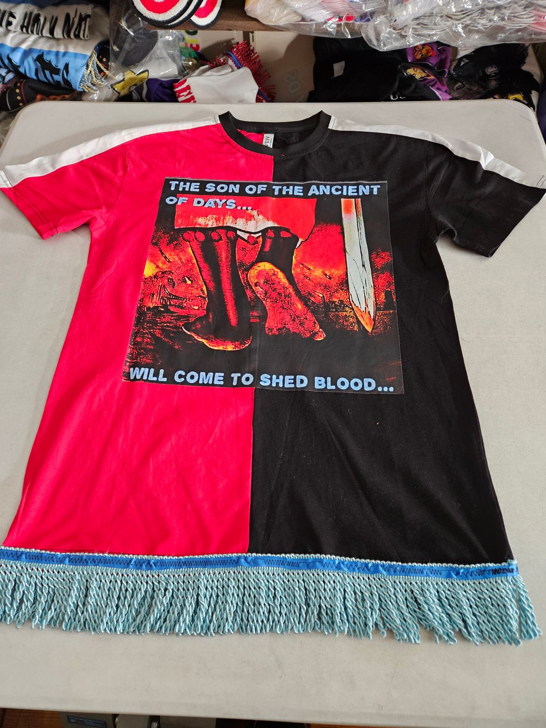100% Cotton Two Tone Red/Black Tee Shirt the Son of Ancient of Days Will Come to Shed Blood Sky/Blue Fringes