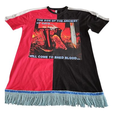 100% Cotton Two Tone Red/Black Tee Shirt the Son of Ancient of Days Will Come to Shed Blood Sky/Blue Fringes