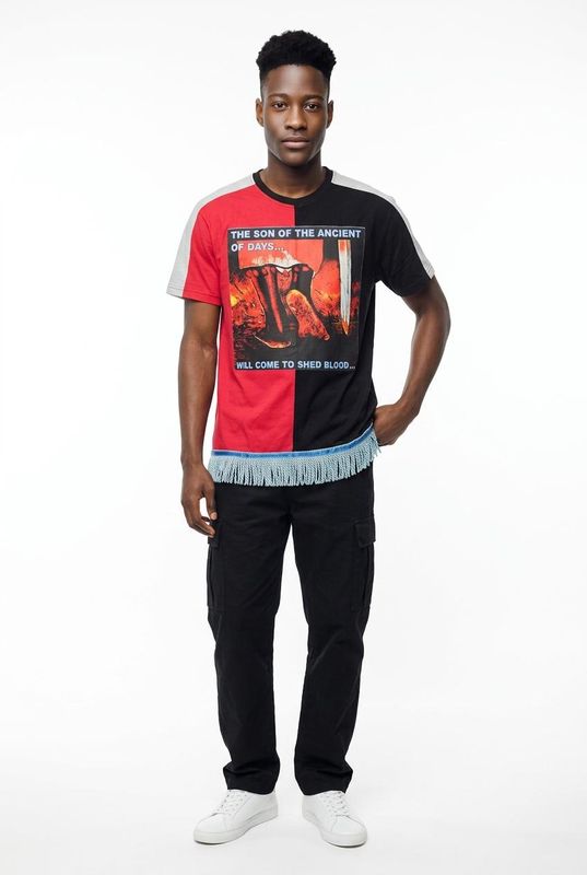 100% Cotton Two Tone Red/Black Tee Shirt the Son of Ancient of Days Will Come to Shed Blood Sky/Blue Fringes