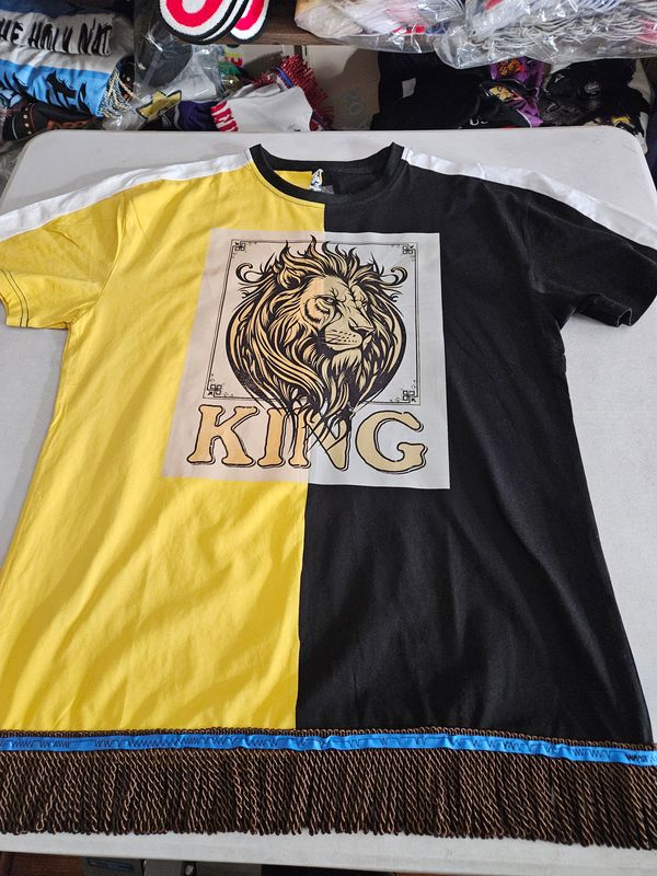 100% Cotton Two Tone Yellow/Black Tee Shirt Lion of Judah King Brown Fringes