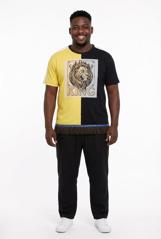 100% Cotton Two Tone Yellow/Black Tee Shirt Lion of Judah King Brown Fringes